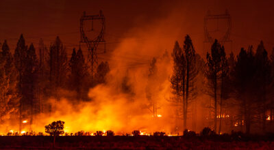 Wildfire burning under power lines
