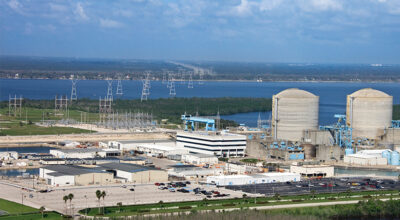Aerial view of nuclear power plant on Hutchinson Island, Flordia.