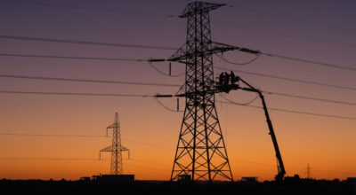 Linework on transmission line at sunset